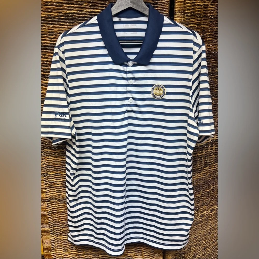 Adidas-PGA,Pro Golf Association,Men's Navy & White Striped Polo Shirt-IL Section